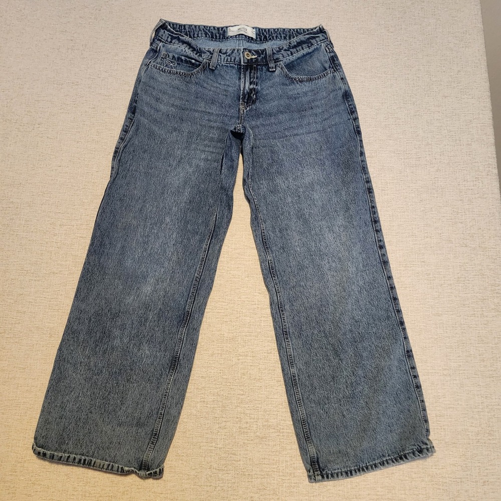 Hollister Low-Rise Baggy Jeans Womens 10R Blue Medium Wash Embroidered Bows